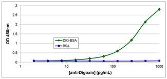Digoxin Antibody - Indirect ELISA analysis of Digoxin was performed by preparing a 10 µg/mL solution of BSA or Digoxin-labeled BSA in 0.2M Carbonate-Bicarbonate, pH 9.4. 100uL of each solution was added to separate wells of a clear 96-well plate, and incubated overnight at 4C. Each well was blocked with SuperBlock in PBS. The plate was then washed with PBST and incubated with 100uL per well of Digoxin monoclonal antibody in triplicate at ~1000 - 2pg/mL for 1 hour at room temperature. The plate was washed with PBST and incubated with 100ul per well of goat anti-mouse IgG-HRP secondary antibody in all test wells at 1:25,000 for 30 minutes at room temperature. Detection was performed using 1-Step TMB Ultra substrate for 15 minutes at room temperature. The plate was then stopped with 0.2M sulfuric acid. Absorbances were read on a spectrophotometer at 450-550nm.