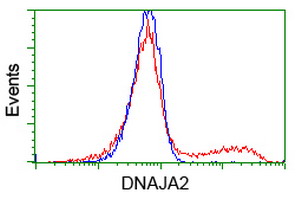 DNAJA2 Antibody - HEK293T cells transfected with either overexpress plasmid (Red) or empty vector control plasmid (Blue) were immunostained by anti-DNAJA2 antibody, and then analyzed by flow cytometry.