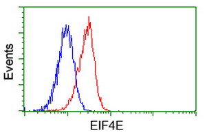 EIF4E Antibody - Flow cytometry of Jurkat cells, using anti-EIF4E antibody (Red), compared to a nonspecific negative control antibody (Blue).