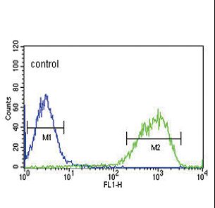EREG / Epiregulin Antibody - EREG Antibody flow cytometry of HepG2 cells (right histogram) compared to a negative control cell (left histogram). FITC-conjugated goat-anti-rabbit secondary antibodies were used for the analysis.