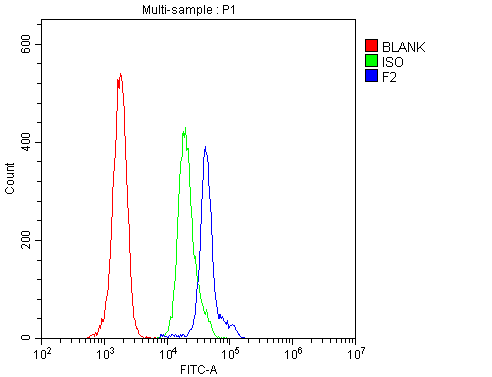 F2 / Prothrombin / Thrombin Antibody - Flow Cytometry analysis of H-PBMC cells using anti-Prothrombin antibody. Overlay histogram showing H-PBMC cells stained with anti-Prothrombin antibody (Blue line). The cells were blocked with 10% normal goat serum. And then incubated with rabbit anti-Prothrombin Antibody (1µg/10E6 cells) for 30 min at 20°C. DyLight®488 conjugated goat anti-rabbit IgG (5-10µg/10E6 cells) was used as secondary antibody for 30 minutes at 20°C. Isotype control antibody (Green line) was rabbit IgG (1µg/10E6 cells) used under the same conditions. Unlabelled sample (Red line) was also used as a control.