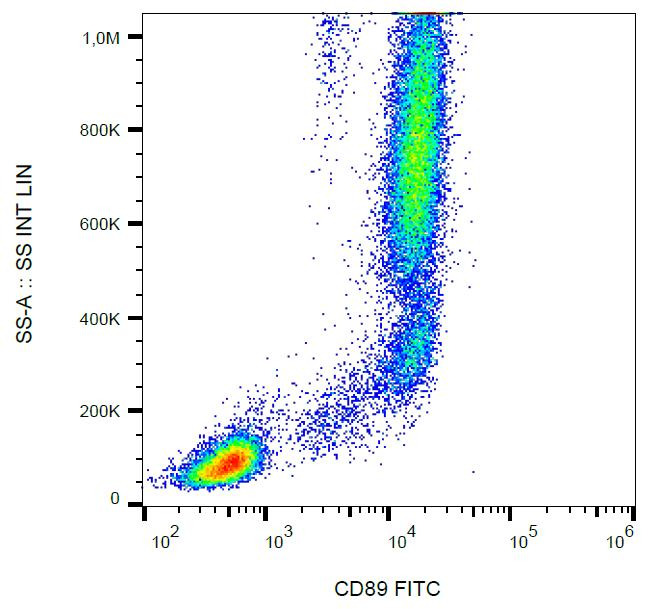 FCAR / CD89 Antibody - Surface staining of CD89 in human peripheral blood with anti-CD89 (A59) FITC.