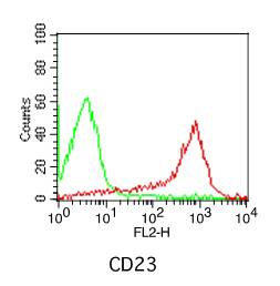 FCER2 / CD23 Antibody - Fig-1: Cell Surface flow analysis of hCD23 in PBMC (Lymphocytes) using 1 µg/10^6 cells. Green represents isotype control; red represents anti-hCD23 antibody. Goat anti-mouse PE conjugated secondary antibody was used.
