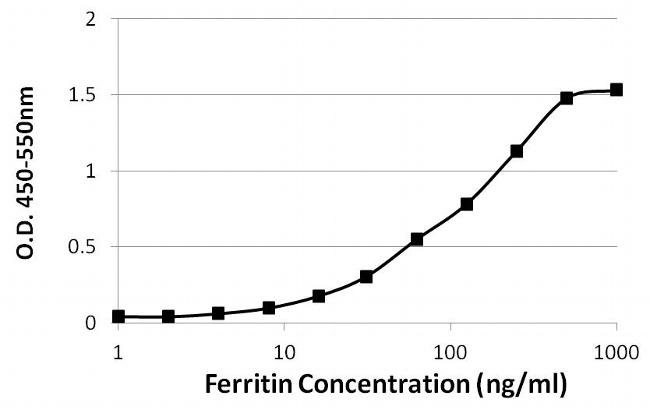 Ferritin Antibody - Sandwich ELISA of Ferritin was performed by coating wells of a 96-well plate with 100ul of an Ferritin duck polyclonal antibody diluted to a concentration of 1 µg/mL in carbonate/bicarbonate buffer overnight at 4C. Wells were blocked with 100ul of StartingBlock T20 (TBS) Blocking Buffer for 2 hours, and 100ul of recombinant human ferritin light polypeptide (FTL) standards ranging from 1.6-1000ng/ml were incubated for 1 hour at room temperature. The plate was washed with 1X TBST, and 100ul per well of an ferritin mouse monoclonal antibody diluted to a concentration of 1 µg/mL was added to each well for 1 hour at room temperature. The plate was washed, and 100ul per well of a Streptavidin-HRP was incubated for 30 minutes. Detection was performed using 1-Step Ultra TMB Substrate, followed by Stop Solution. Absorbances were read on a spectrophotometer at 450-550nm.
