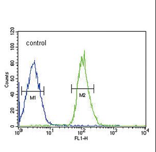 FGFR1 / FGF Receptor 1 Antibody - FGFR1 Antibody FC of MCF-7 cells (bottom histogram) compared to a negative control cell (top histogram). FITC-conjugated goat-anti-rabbit secondary antibodies were used for the analysis.