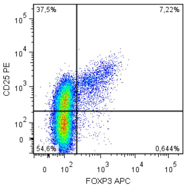 FOXP3 Antibody - Intracellular staining of human peripheral blood cells (gated on CD4+ cells) with anti-FoxP3 (clone 3G3).