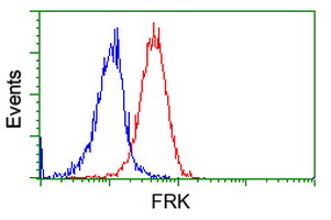 FRK Antibody - Flow cytometry of Jurkat cells, using anti-FRK antibody (Red), compared to a nonspecific negative control antibody (Blue).