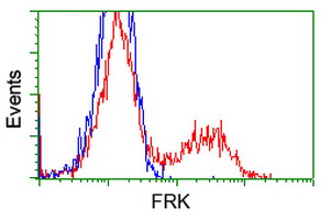 FRK Antibody - HEK293T cells transfected with either pCMV6-ENTRY FRK (Red) or empty vector control plasmid (Blue) were immunostained with anti-FRK mouse monoclonal(Dilution 1:1,000), and then analyzed by flow cytometry.