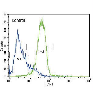 GATA4 Antibody - GATA4 Antibody flow cytometry of HepG2 cells (right histogram) compared to a negative control cell (left histogram). FITC-conjugated goat-anti-rabbit secondary antibodies were used for the analysis.