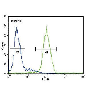 GLA / Alpha Galactosidase Antibody - GLA Antibody flow cytometry of HepG2 cells (right histogram) compared to a negative control cell (left histogram). FITC-conjugated goat-anti-rabbit secondary antibodies were used for the analysis.