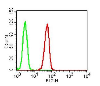GPR44 / CRTH2 Antibody - Fig-1: Cell surface flow cytometry analysis of GPR44 on HepG2 cells using 0.5 µg/10^6 Cells of Anti-GPR44 antibody. Green represent isotype control and red represent Anti GPR44 antibody. Goat anti mouse PE conjugated was used as the secondary antibody.