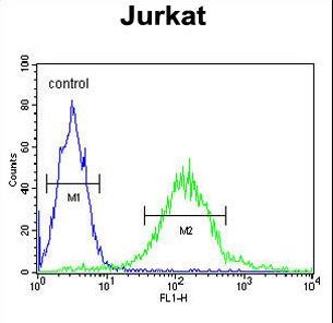 GPRASP1 / GASP-1 Antibody - GPRASP1 Antibody flow cytometry of Jurkat cells (right histogram) compared to a negative control cell (left histogram). FITC-conjugated goat-anti-rabbit secondary antibodies were used for the analysis.
