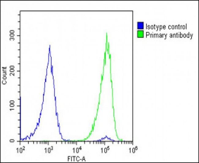GPX7 Antibody - Overlay histogram showing U-2 OS cells stained with GPX7 Antibody (Center) (green line). The cells were fixed with 2% paraformaldehyde (10 min) and then permeabilized with 90% methanol for 10 min. The cells were then icubated in 2% bovine serum albumin to block non-specific protein-protein interactions followed by the antibody (GPX7 Antibody (Center), 1:25 dilution) for 60 min at 37°C. The secondary antibody used was Goat-Anti-Rabbit IgG, DyLight® 488 Conjugated Highly Cross-Adsorbed (OE188374) at 1/200 dilution for 40 min at 37°C. Isotype control antibody (blue line) was rabbit IgG1 (1µg/1x10^6 cells) used under the same conditions. Acquisition of >10, 000 events was performed.
