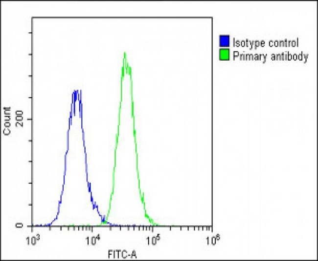 GRB14 Antibody - Overlay histogram showing A549 cells stained with GRB14 Antibody (N-Term) (green line). The cells were fixed with 2% paraformaldehyde (10 min) and then permeabilized with 90% methanol for 10 min. The cells were then icubated in 2% bovine serum albumin to block non-specific protein-protein interactions followed by the antibody (GRB14 Antibody (N-Term), 1:25 dilution) for 60 min at 37°C. The secondary antibody used was Goat-Anti-Rabbit IgG, DyLight® 488 Conjugated Highly Cross-Adsorbed (1583138) at 1/200 dilution for 40 min at 37°C. Isotype control antibody (blue line) was rabbit IgG1 (1µg/1x10^6 cells) used under the same conditions. Acquisition of >10, 000 events was performed.
