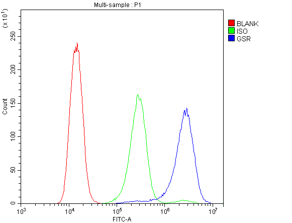 GSR / Glutathione Reductase Antibody - Flow Cytometry analysis of A431 cells using anti-Glutathione Reductase antibody. Overlay histogram showing A431 cells stained with anti-GSR antibody (Blue line). The cells were blocked with 10% normal goat serum. And then incubated with rabbit anti-Glutathione Reductase Antibody (1µg/10E6 cells) for 30 min at 20°C. DyLight®488 conjugated goat anti-rabbit IgG (5-10µg/10E6 cells) was used as secondary antibody for 30 minutes at 20°C. Isotype control antibody (Green line) was rabbit IgG (1µg/10E6 cells) used under the same conditions. Unlabelled sample (Red line) was also used as a control.