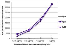 Hamster IgG2 + IgG3 Antibody - FLISA plate was coated with purified hamster IgG1, IgG2, and IgG3. Immunoglobulins were detected with serially diluted Mouse Anti-Hamster IgG2/IgG3-PE.