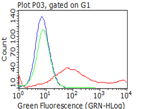 HAVCR2 / TIM-3 Antibody - Flow cytometric analysis of living 293T cells transfected with HAVCR2 overexpression plasmid , Red)/empty vector  Blue) using anti-HAVCR2 antibody. Cells incubated with a non-specific antibody. (Green) were used as isotype control. (1:100)