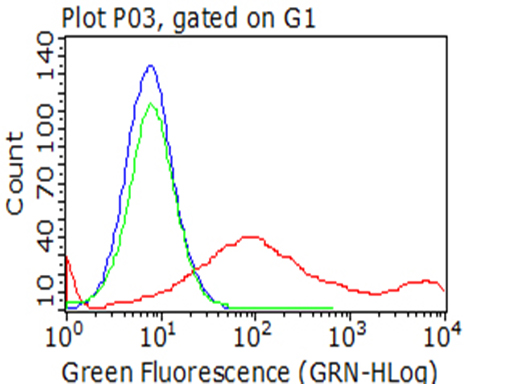 HAVCR2 / TIM-3 Antibody - Flow cytometric analysis of living 293T cells transfected with HAVCR2 overexpression plasmid , Red)/empty vector  Blue) using anti-HAVCR2 antibody. Cells incubated with a non-specific antibody. (Green) were used as isotype control. (1:100)
