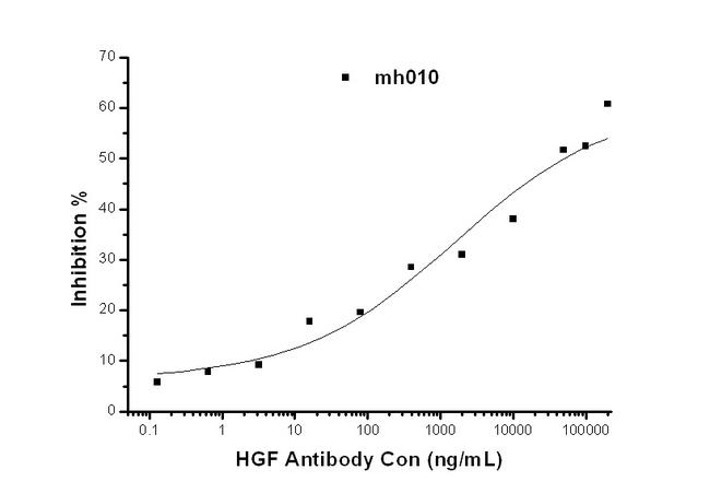 HGF / Hepatocyte Growth Factor Antibody - Cell Proliferation was Inhibited by Human HGF Antibody. Proliferation of U87 MG cells elicited by autocrine HGF was inhibited by increasing concentrations of Human HGF neutralizing Monoclonal Antibody (Catalog # 10463-mh010). The IC50 is typically 1-4 ug/ml.