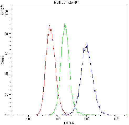 HLA-C Antibody - Flow Cytometry analysis of SiHa cells using anti-HLA-C antibody. Overlay histogram showing SiHa cells stained with anti-HLA-C antibody (Blue line). The cells were blocked with 10% normal goat serum. And then incubated with rabbit anti-HLA-C Antibody (1µg/10E6 cells) for 30 min at 20°C. DyLight®488 conjugated goat anti-rabbit IgG (5-10µg/10E6 cells) was used as secondary antibody for 30 minutes at 20°C. Isotype control antibody (Green line) was rabbit IgG (1µg/10E6 cells) used under the same conditions. Unlabelled sample (Red line) was also used as a control.