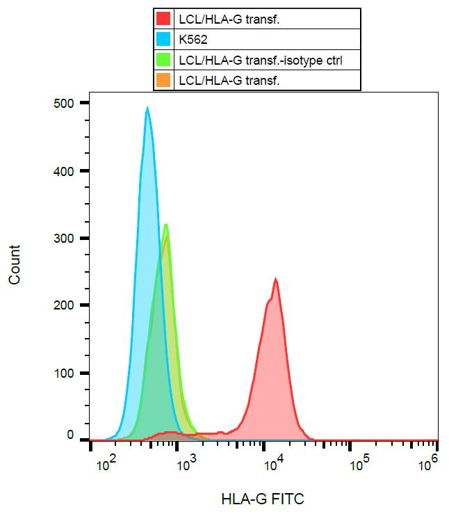 HLA-G Antibody - Surface staining of HLA-G1 transfectants (LCL-HLA-G1) using anti-HLA-G (MEM-G/9) FITC. 