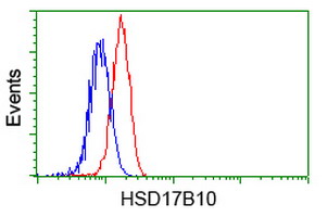HSD17B10 / HADH2 Antibody - Flow cytometry of HeLa cells, using anti-HSD17B10 antibody, (Red), compared to a nonspecific negative control antibody, (Blue).
