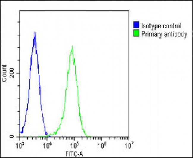 HSD17B10 / HADH2 Antibody - Overlay histogram showing Hela cells stained with HSD17B10 Antibody (Center) (green line). The cells were fixed with 2% paraformaldehyde (10 min) and then permeabilized with 90% methanol for 10 min. The cells were then icubated in 2% bovine serum albumin to block non-specific protein-protein interactions followed by the antibody (HSD17B10 Antibody (Center), 1:25 dilution) for 60 min at 37°C. The secondary antibody used was Goat-Anti-Rabbit IgG, DyLight® 488 Conjugated Highly Cross-Adsorbed at 1/200 dilution for 40 min at 37°C. Isotype control antibody (blue line) was rabbit IgG1 (1µg/1x10^6 cells) used under the same conditions. Acquisition of >10, 000 events was performed.