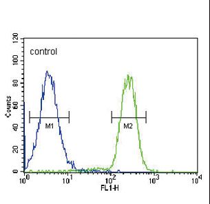 HSD17B2 Antibody - HSD17B2 Antibody flow cytometry of MDA-MB435 cells (right histogram) compared to a negative control cell (left histogram). FITC-conjugated goat-anti-rabbit secondary antibodies were used for the analysis.