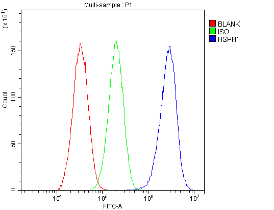 HSPH1 / HSP105 Antibody - Flow Cytometry analysis of HepG2 cells using anti-Hsp105 antibody. Overlay histogram showing HepG2 cells stained with anti-Hsp105 antibody (Blue line). The cells were blocked with 10% normal goat serum. And then incubated with rabbit anti-Hsp105 Antibody (1µg/10E6 cells) for 30 min at 20°C. DyLight®488 conjugated goat anti-rabbit IgG (5-10µg/10E6 cells) was used as secondary antibody for 30 minutes at 20°C. Isotype control antibody (Green line) was rabbit IgG (1µg/10E6 cells) used under the same conditions. Unlabelled sample (Red line) was also used as a control.