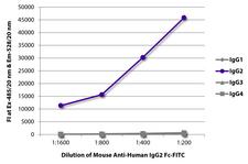 Human IgG2 Fc Antibody - FLISA plate was coated with purified human IgG1, IgG2, IgG3, and IgG4. Immunoglobulins were detected with serially diluted Mouse Anti-Human IgG2 Fc-FITC.