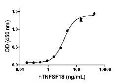 TNFSF18 / GITRL Protein - Human TNFSF18 (GITRL) binds to immobilized recombinant human TNFRSF18 (GITR) (Cat. No. 764302) in a dose-dependent manner. The ED50 for this effect is 5 €“ 20 ng/mL