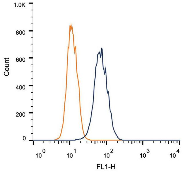 IGF2R / CD222 Antibody - Flow Cytometry: Mannose 6 Phosphate Receptor (Cation independent) Antibody (2G11) - Intracellular flow cytometric staining of 1 x 10^6 MCF-7 cells using Mannose 6 Phosphate Receptor antibody (dark blue). Isotype control shown in orange. An antibody concentration of 1 ug/1x10^6 cells was used.