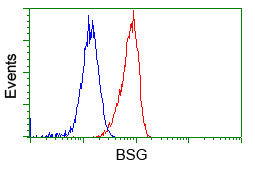 Basigin / Emmprin / CD147 Antibody - Flow cytometry of HeLa cells, using anti-BSG antibody, (Red), compared to a nonspecific negative control antibody, (Blue).