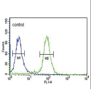 GP6 / GPVI Antibody - GP6 Antibody flow cytometry of K562 cells (right histogram) compared to a negative control cell (left histogram). FITC-conjugated goat-anti-rabbit secondary antibodies were used for the analysis.