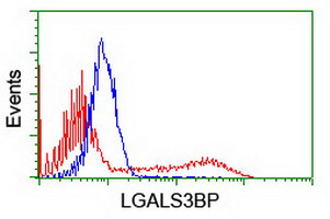 MAC-2-BP / LGALS3BP Antibody - HEK293T cells transfected with either overexpress plasmid (Red) or empty vector control plasmid (Blue) were immunostained by anti-LGALS3BP antibody, and then analyzed by flow cytometry. At a dilution of 1:100.