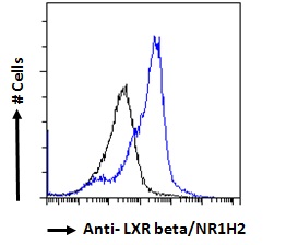 NR1H2 / LXR Beta Antibody - NR1H2 / LXR Beta antibody flow cytometric analysis of paraformaldehyde fixed HeLa cells (blue line), permeabilized with 0.5% Triton. Primary incubation 1hr (10ug/ml) followed by Alexa Fluor 488 secondary antibody (1ug/ml). IgG control: Unimmunized goat IgG (black line) followed by Alexa Fluor 488 secondary antibody.