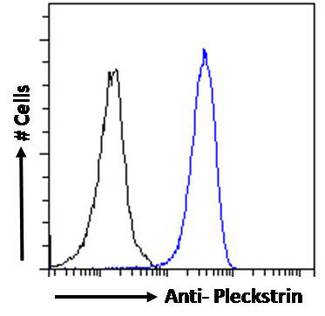 PLEK / Pleckstrin Antibody - Pleckstrin Antibody Flow cytometric analysis of paraformaldehyde fixed HeLa cells (blue line), permeabilized with 0.5% Triton. Primary incubation 1hr (10ug/ml) followed by Alexa Fluor 488 secondary antibody (1ug/ml). IgG control: Unimmunized goat IgG (black line) followed by Alexa Fluor 488 secondary antibody.