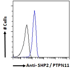 PTPN11 / SHP-2 / NS1 Antibody - SHP2 / PTPN11 Antibody Flow cytometric analysis of paraformaldehyde fixed A431 cells (blue line), permeabilized with 0.5% Triton. Primary incubation 1hr (10ug/ml) followed by Alexa Fluor 488 secondary antibody (1ug/ml). IgG control: Unimmunized goat IgG (black line) followed by Alexa Fluor 488 secondary antibody.