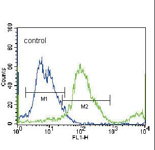 SLC36A1 Antibody - SLC36A1 Antibody flow cytometry of NCI-H460 cells (right histogram) compared to a negative control cell (left histogram). FITC-conjugated donkey-anti-rabbit secondary antibodies were used for the analysis.