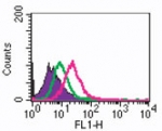 TNFRSF11A / RANK Antibody - Flow analysis of RANK in 10^6 RAW 264.7 cells using 2 ug of antibody.  Shaded histogram represents RAW cells without antibody; green represents isotype control; red represents anti-RANK antibody.