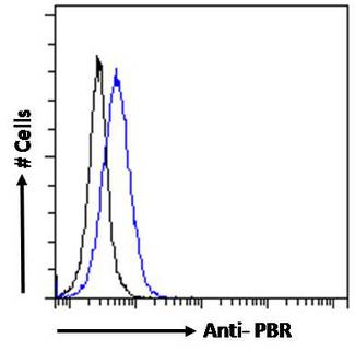 TSPO / PBR Antibody - PBR (mouse) Antibody Flow cytometric analysis of paraformaldehyde fixed NIH3T3 cells (blue line), permeabilized with 0.5% Triton. Primary incubation 1hr (10ug/ml) followed by Alexa Fluor 488 secondary antibody (1ug/ml). IgG control: Unimmunized goat IgG (black line) followed by Alexa Fluor 488 secondary antibody.