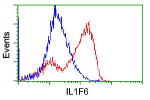 IL36A Antibody - HEK293T cells transfected with either overexpress plasmid (Red) or empty vector control plasmid (Blue) were immunostained by anti-IL1F6 antibody, and then analyzed by flow cytometry.