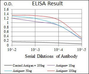 ITGA4 / VLA-4 / CD49d Antibody - Red: Control Antigen (100ng); Purple: Antigen (10ng); Green: Antigen (50ng); Blue: Antigen (100ng);