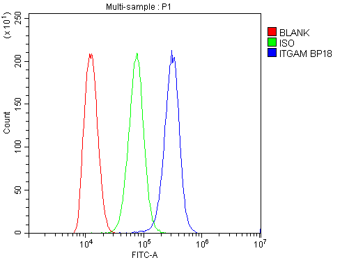 ITGAM / CD11b Antibody - Flow Cytometry analysis of THP-1 cells using anti-CD11b antibody. Overlay histogram showing THP-1 cells stained with anti-CD11b antibody (Blue line). The cells were blocked with 10% normal goat serum. And then incubated with rabbit anti-CD11b Antibody (1µg/10E6 cells) for 30 min at 20°C. DyLight®488 conjugated goat anti-rabbit IgG (5-10µg/10E6 cells) was used as secondary antibody for 30 minutes at 20°C. Isotype control antibody (Green line) was rabbit IgG (1µg/10E6 cells) used under the same conditions. Unlabelled sample (Red line) was also used as a control.