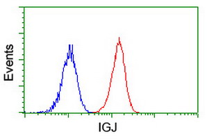 JCHAIN / Ig J Chain Antibody - Flow cytometry of Jurkat cells, using anti-IGJ antibody (Red), compared to a nonspecific negative control antibody (Blue).