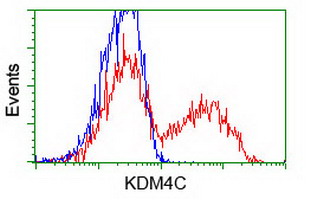 KDM4C / JMJD2C Antibody - HEK293T cells transfected with either pCMV6-ENTRY KDM4C (Red) or empty vector control plasmid (Blue) were immunostained with anti-KDM4C mouse monoclonal(Dilution 1:1,000), and then analyzed by flow cytometry.