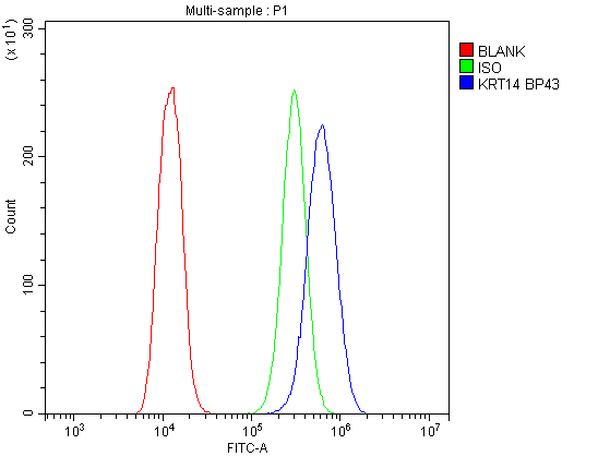 KRT14 / CK14 / Cytokeratin 14 Antibody - Flow Cytometry analysis of U20S cells using anti-Cytokeratin 14 antibody. Overlay histogram showing U20S cells stained with anti-Cytokeratin 14 antibody (Blue line). The cells were blocked with 10% normal goat serum. And then incubated with rabbit anti-Cytokeratin 14 Antibody (1µg/10E6 cells) for 30 min at 20°C. DyLight®488 conjugated goat anti-rabbit IgG (5-10µg/10E6 cells) was used as secondary antibody for 30 minutes at 20°C. Isotype control antibody (Green line) was rabbit IgG (1µg/10E6 cells) used under the same conditions. Unlabelled sample (Red line) was also used as a control.