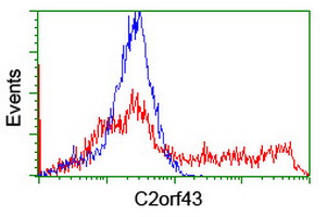 LDAH Antibody - HEK293T cells transfected with either overexpress plasmid (Red) or empty vector control plasmid (Blue) were immunostained by anti-C2orf43 antibody, and then analyzed by flow cytometry.
