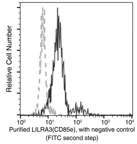 LILRA3 / CD85e Antibody - Flow cytometric analysis of Human LILRA3(CD85e) expression on human whole blood monocytes. The cells were treated according to manufacturer's manual (BD Pharmingen Cat. No. 554714), stained with purified anti-Human LILRA3(CD85e), then a FITC-conjugated second step antibody. The fluorescence histograms were derived from gated events with the forward and side light-scatter characteristics of viable monocytes.