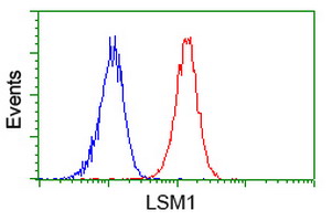 LSM1 Antibody - Flow cytometry of Jurkat cells, using anti-LSM1 antibody (Red), compared to a nonspecific negative control antibody (Blue).